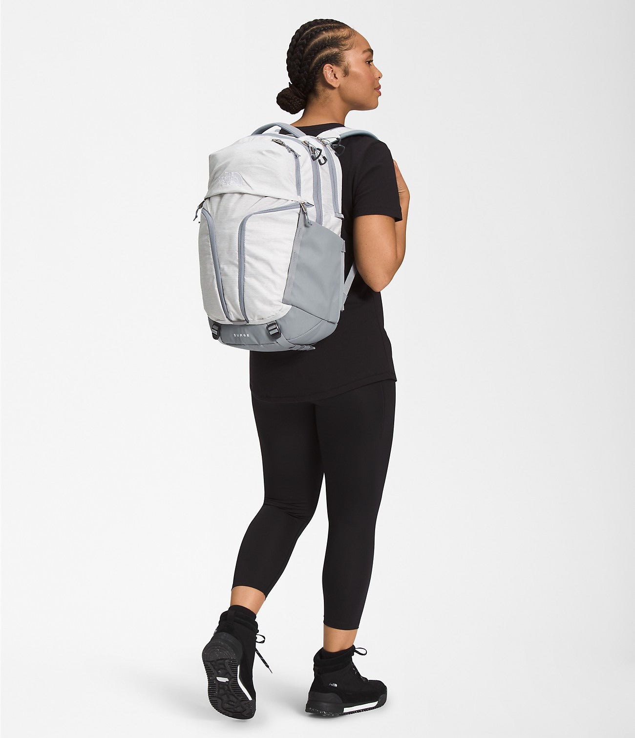 The North Face Women s Surge Backpack TNF White Metallic Melange Mid Grey